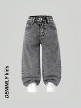 Young Girl Y2K Street Daily Elastic Waist Straight Jeans With Flat Pockets, Girls Daily OOTD Outfits